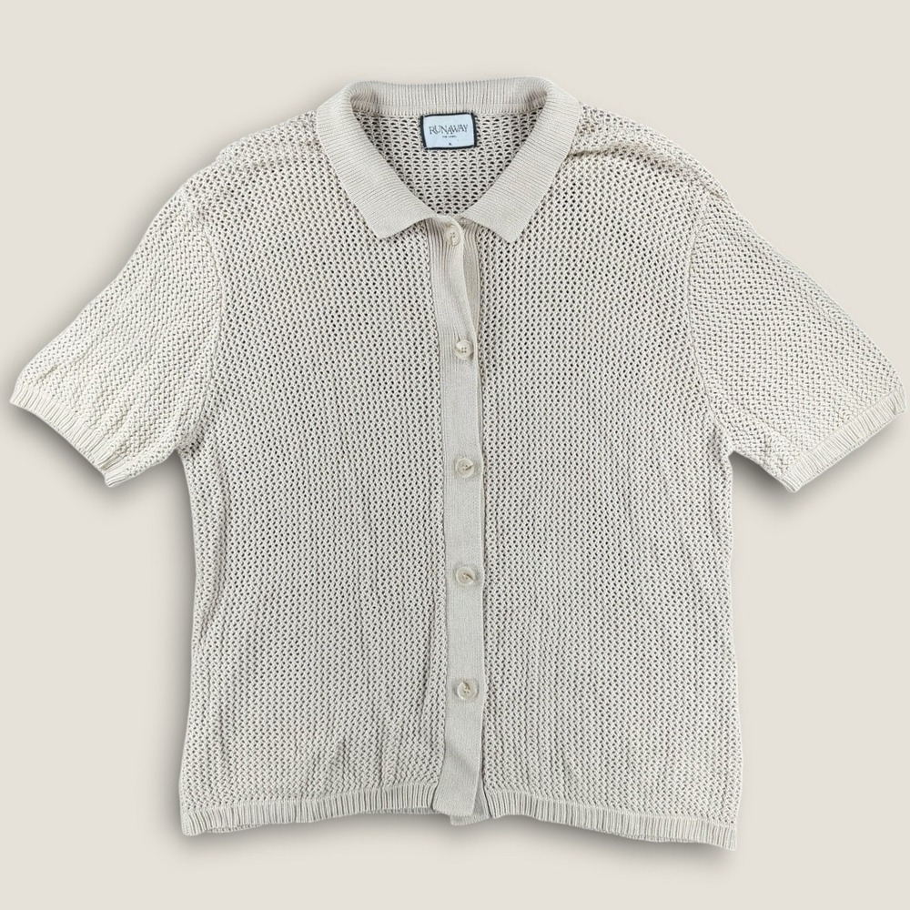 Runaway The Label XL Cream Crochet Knit Button‎ Up Polo Shirt Short Sleeve Boho